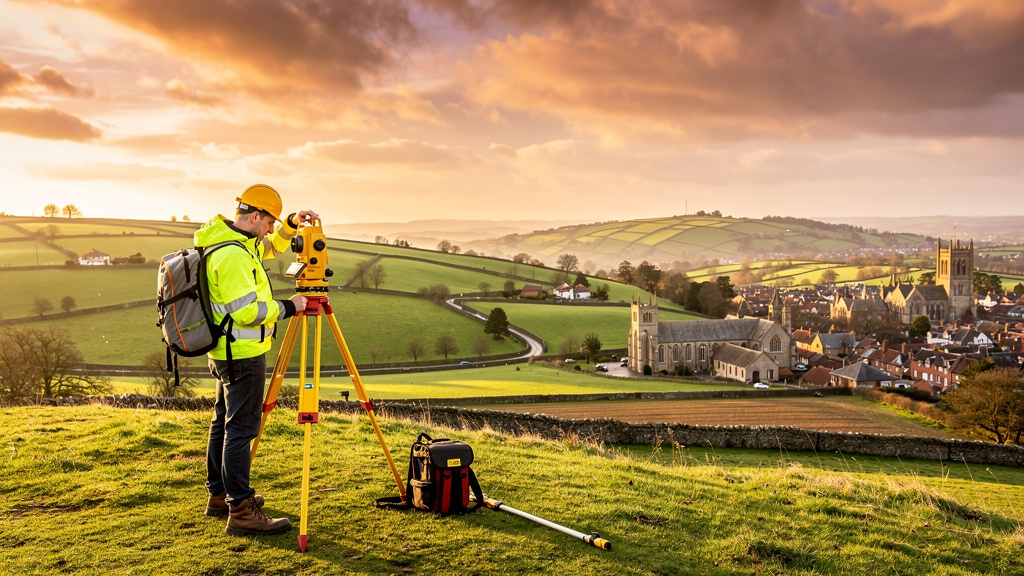 Professional land surveyor with total station equipment overlooking a sweeping UK countryside panorama at golden hour