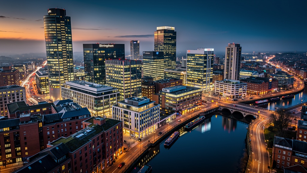 Birmingham city centre Midlands England skyline with canal network and modern commercial development at dusk
