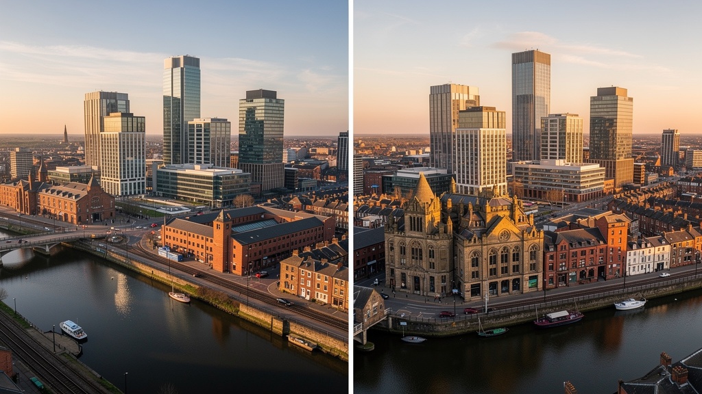 Manchester and Leeds city skyline, Northern England urban landscape with Victorian architecture and modern buildings at golden hour