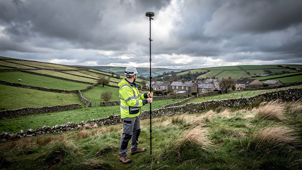 Land surveyor with GPS RTK pole on a remote UK rural hillside with green pastures, dry stone walls and a distant village