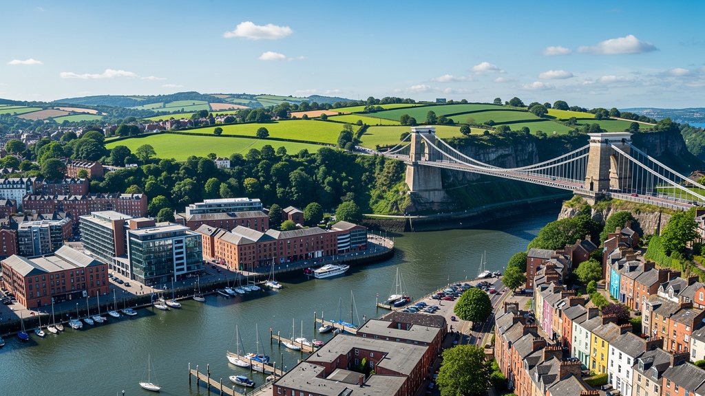 Bristol harbourside and Clifton Suspension Bridge, South West England cityscape with green hills on a sunny day