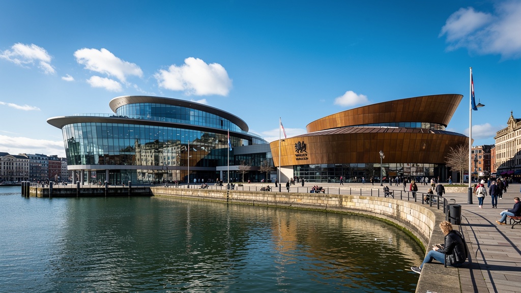 Cardiff Bay waterfront Wales, Senedd building and Millennium Centre reflecting in the bay on a clear day