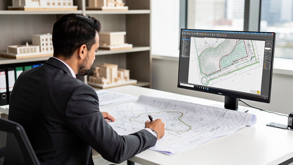 Architect reviewing topographic survey drawings at desk with CAD screen
