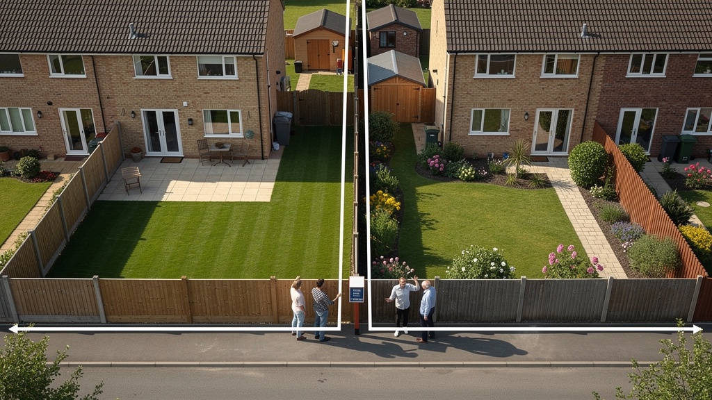 Overhead view of UK residential boundary fence dispute between properties