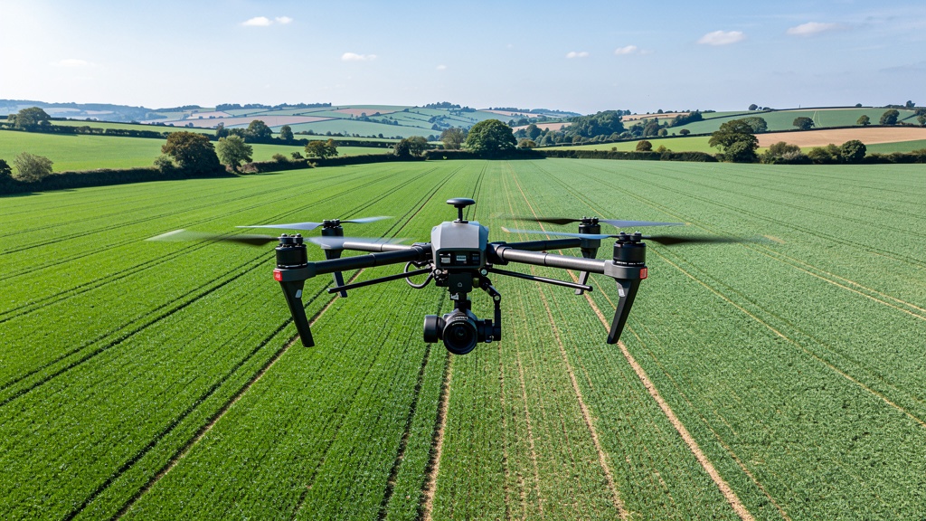 Professional survey drone flying over green UK field for aerial land survey