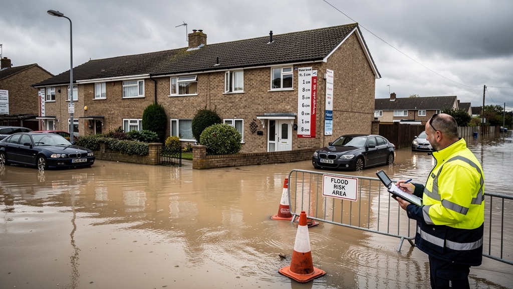 Flooded UK street showing the importance of flood risk assessment surveys