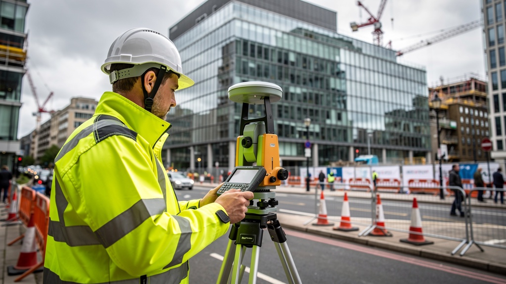Surveyor using GPS RTK equipment on urban construction site UK