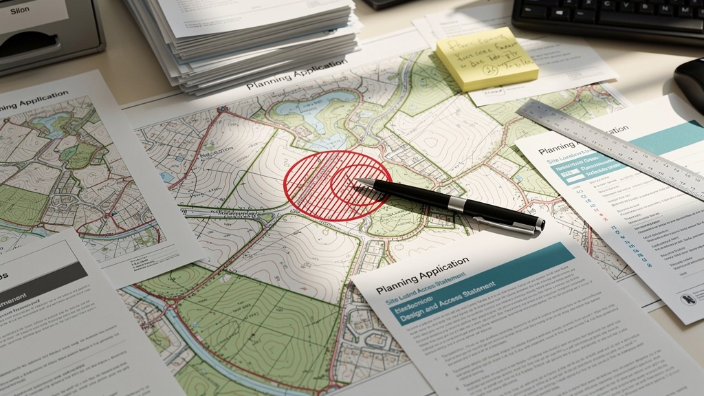 Planning application documents with topographic survey maps on office desk
