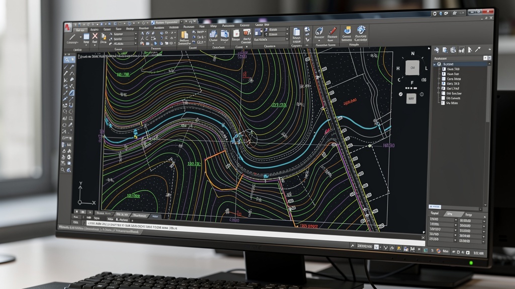 CAD topographic survey drawing showing contour lines and land features on screen