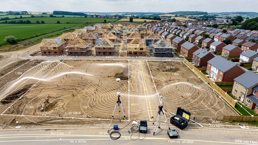 Aerial view of UK housing construction site with survey markers and GPS equipment