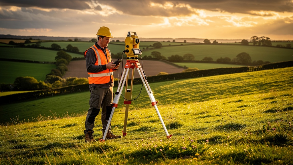 Land surveyor using total station on UK hillside for topographical land survey