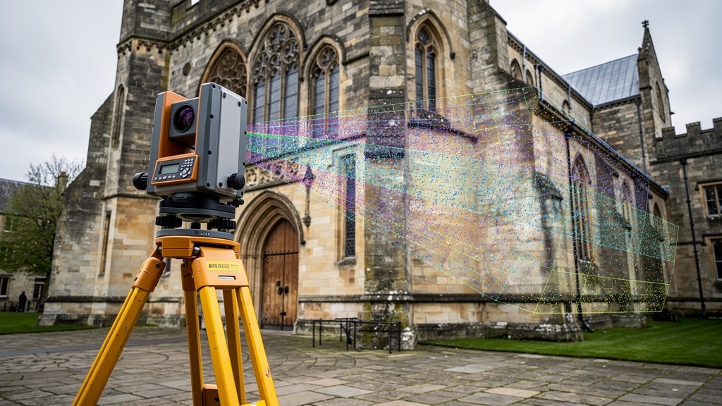 3D laser scanner capturing point cloud data on a large stone building