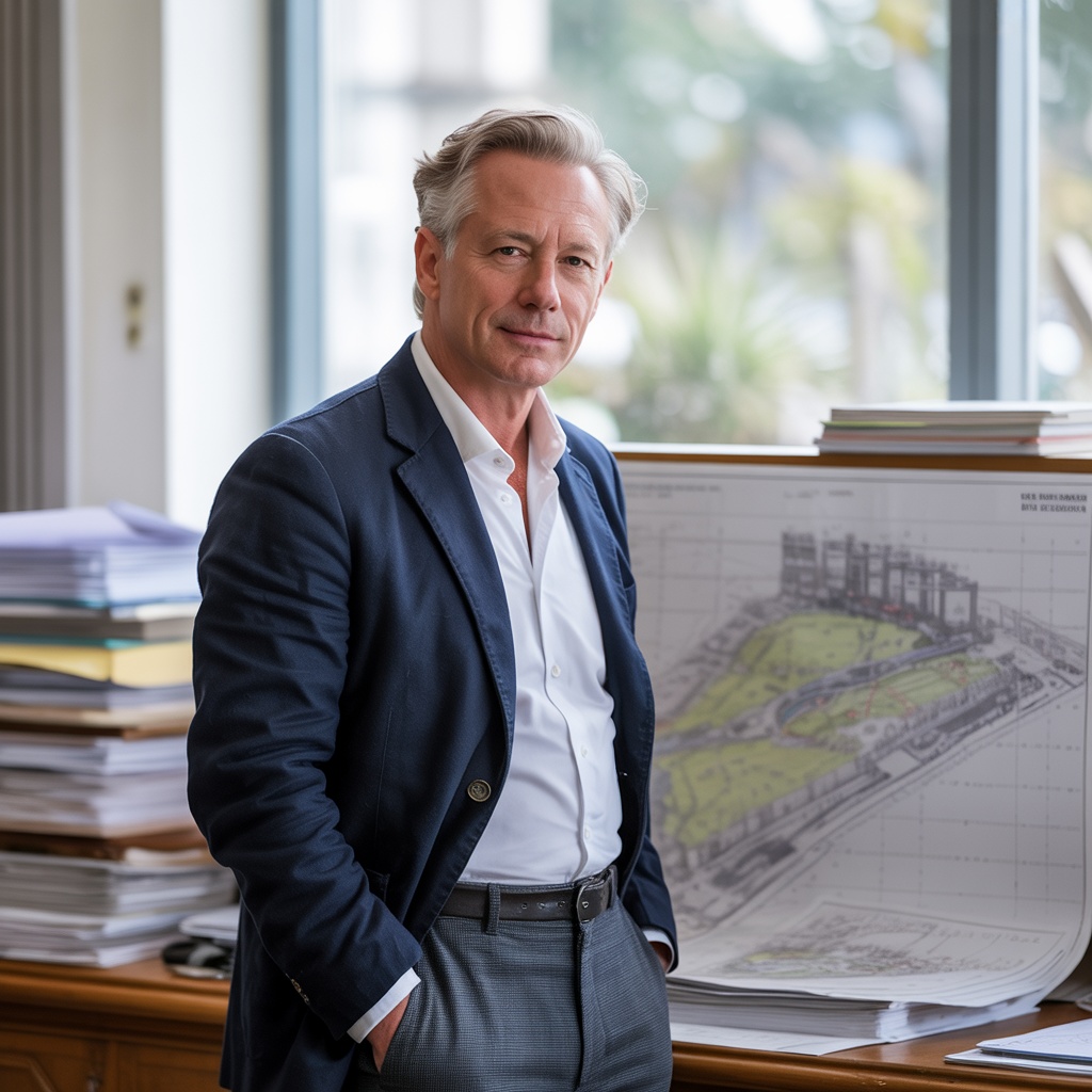 David Marsh, Senior Land Surveyor at Surveyor Topographer, in office with maps and blueprints in background