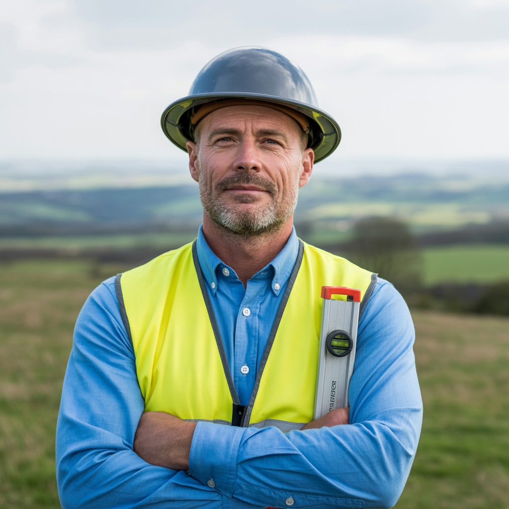 James Whitfield, Principal Surveyor at Surveyor Topographer, standing outdoors in high-visibility vest with survey equipment
