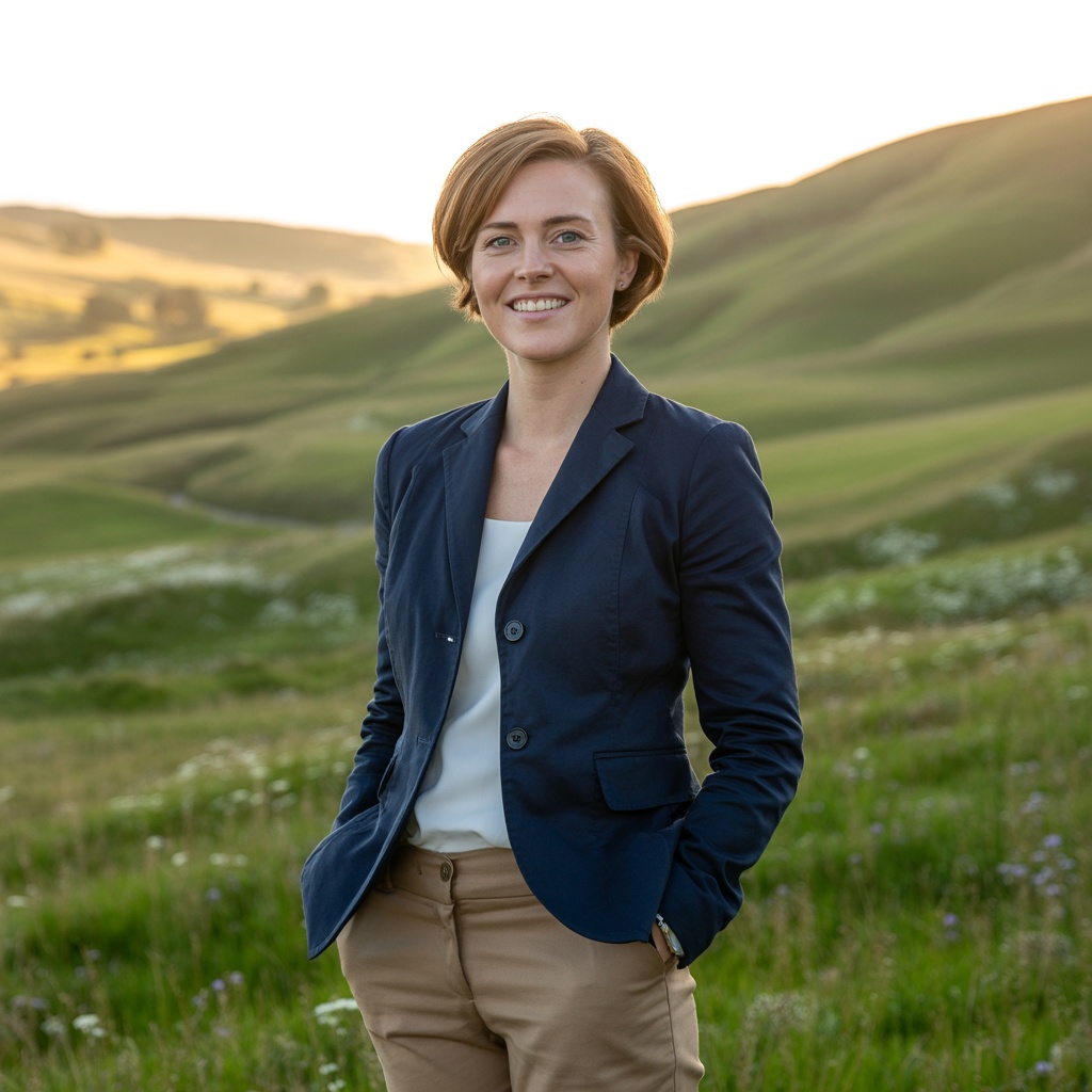 Sarah Patel, Senior Topographical Surveyor at Surveyor Topographer, smiling in outdoor setting with British countryside background