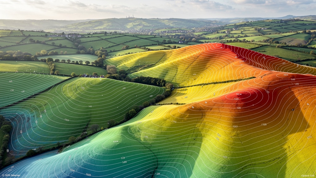 3D topographic survey map with contour lines overlaid on UK countryside landscape